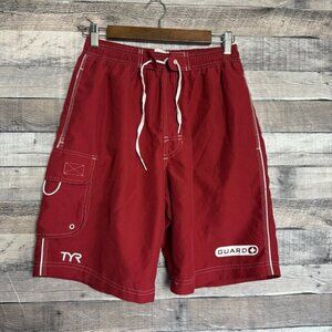 TYR Lifeguard Swim Trunks Board Shorts Red Mens Sm LINED Life Guard Cross White